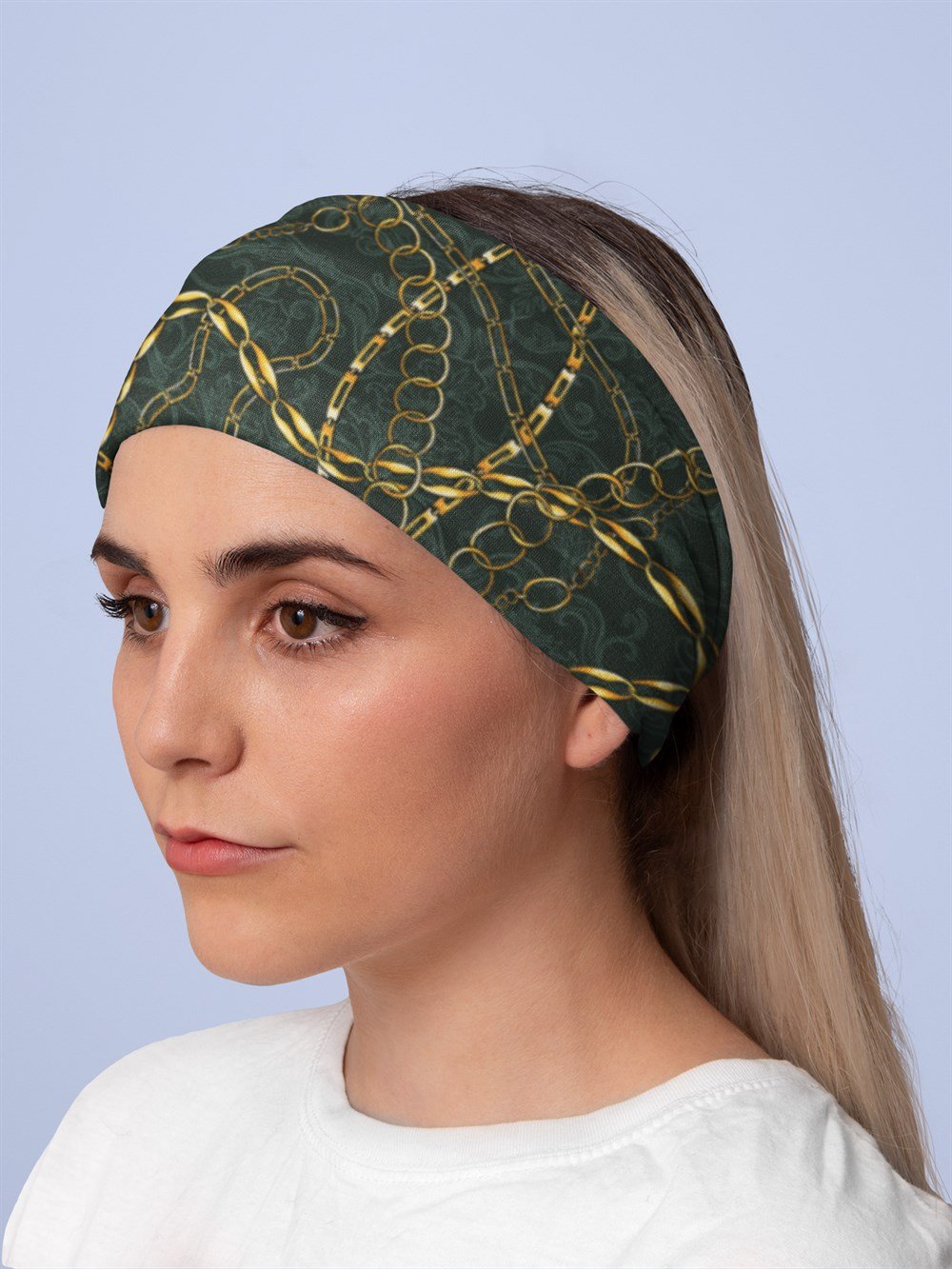 Zincir Desenli Kadın Bandana Saç Bandı Toka Boyunluk