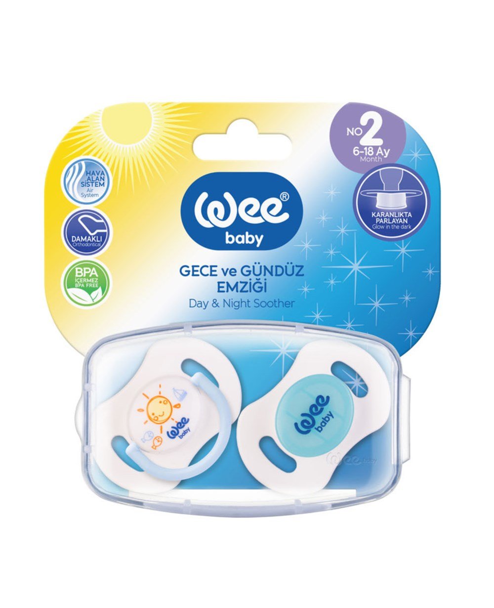 Breadcrumbut, WEE BABY, Wee Baby 2'li Gece Gündüz Emzik No:2 6-18Ay (Saklama Kabı Hediyeli) 153 Mavi