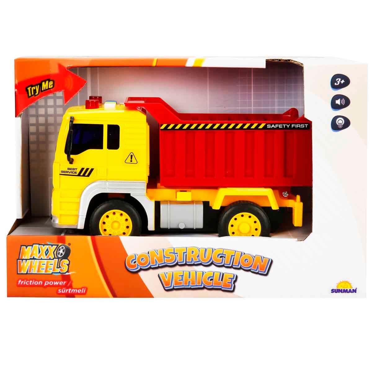 Çek-Bırak ve Sürmeli Arabalar, Sunman, Maxx Wheels Sesli ve Işıklı İnşaat Araçları 20 cm 31483 Kamyon