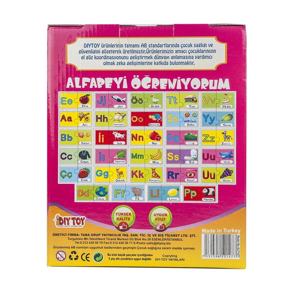 Çocuk Puzzle, Dıytoy, Dıytoy Alfabeyi Öğreniyorum 29 AdeT 2'li Tamamlama Puzzle Kartları
