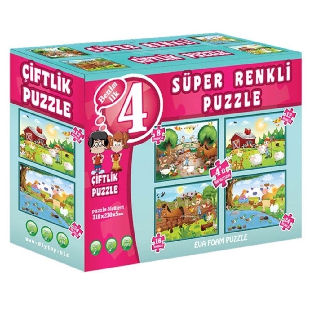 Çocuk Puzzle, Dıytoy, Süper Renkli Puzzle 4 Adet Çiftlik Puzzle