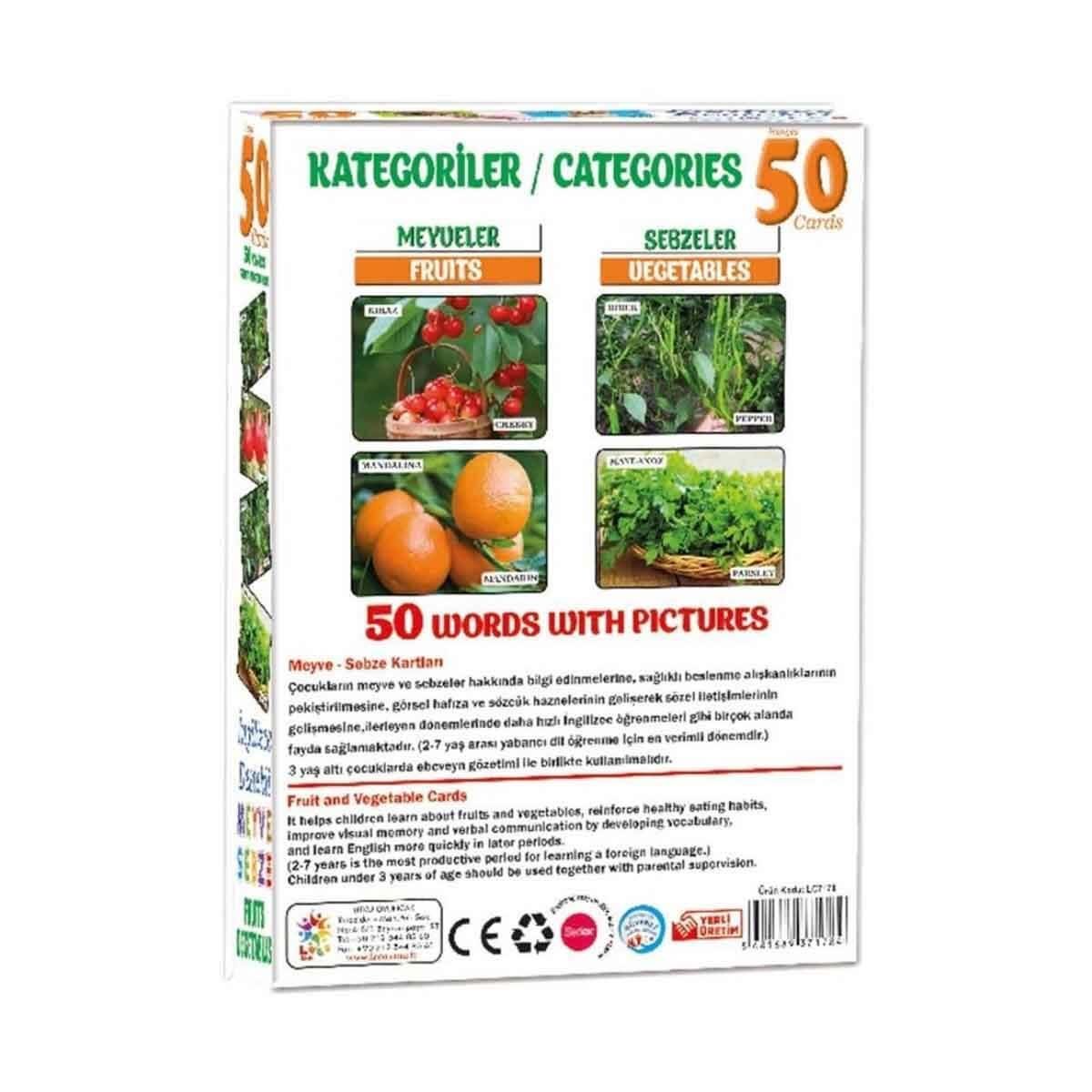 Eşleştirme Oyunları, Laço Kids, Resimlerle Meyve ve Sebzeler İngilizce Destekli Eğitici Kartları 50 Parça