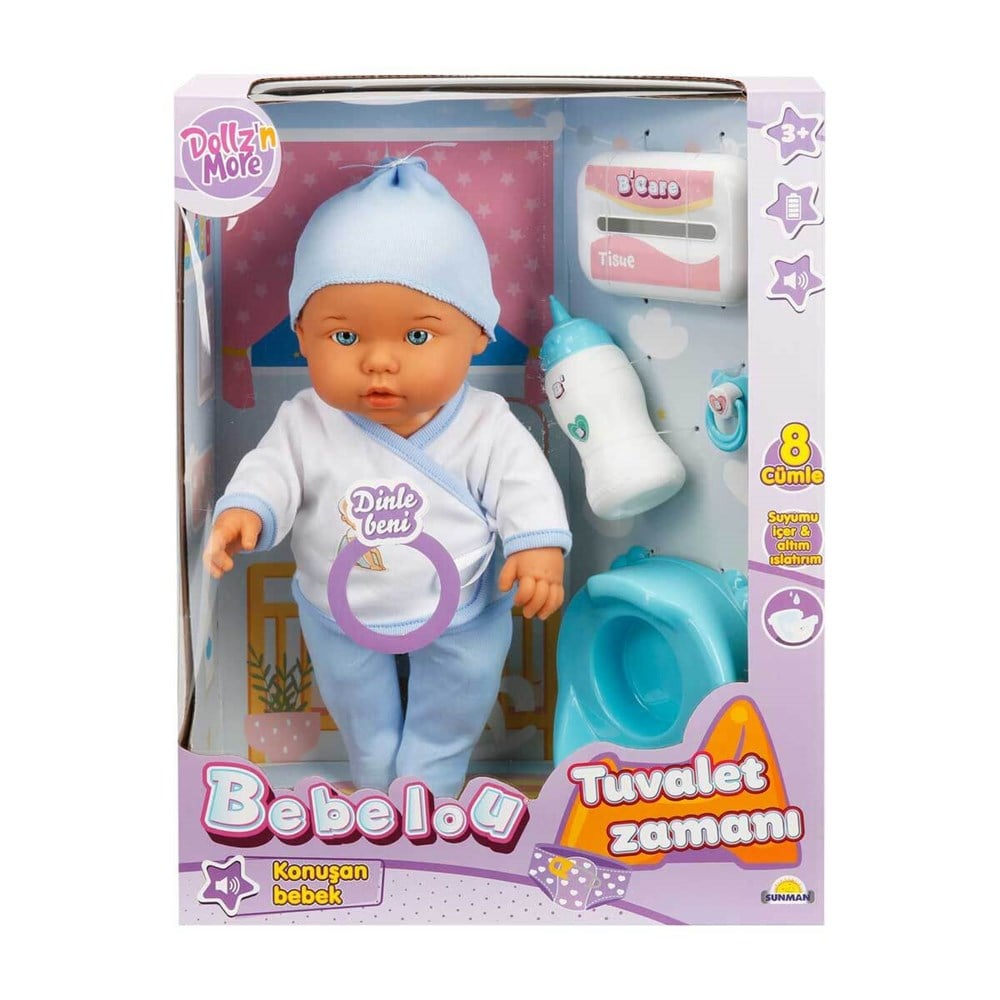Et Bebekler, Sunman, Bebelou Altını Islatan Aksesuarlı Bebek 35cm Konuşan Bebek 22108 Mavi
