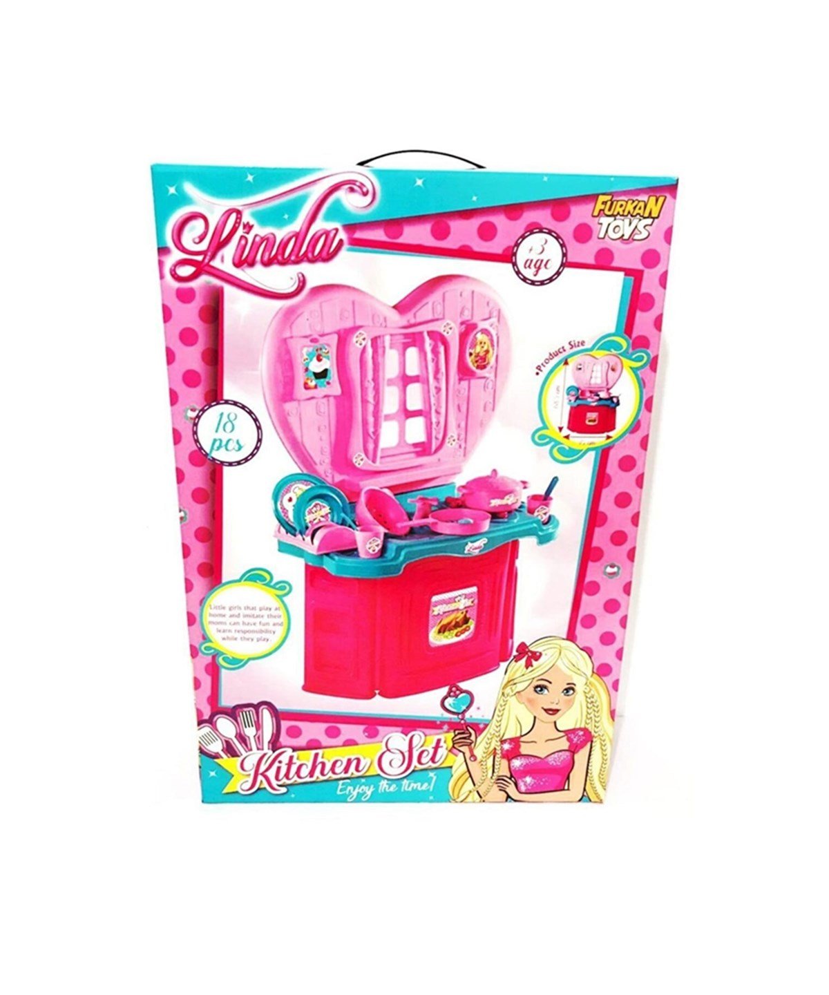 Evcilik Aksesuarları, Furkan Toys, Linda Kalpli Mutfak Seti Yeşil Camlı FR58529