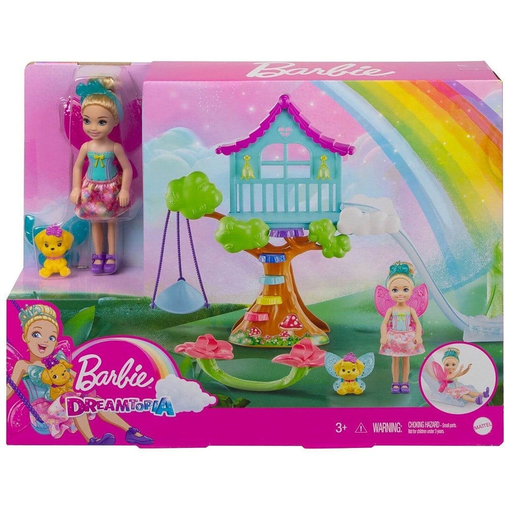 Kolleksiyon Karakterleri, Barbie, Barbie Dreamtopia Chelsea ve Eğlenceli Dünyası Oyun Seti GTF48 GTF49 Ağaç Ev