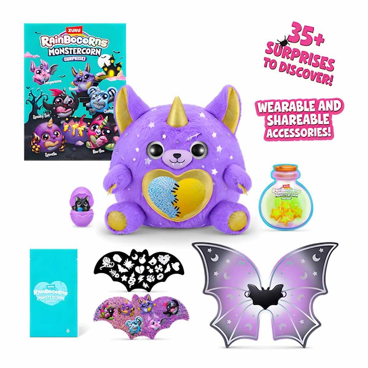 Kolleksiyon Karakterleri, Giochi Preziosi, Rainbocorns Monstercorn Peluş RAR25000 Warewolf Siyah Mor Ay ve Yıldız Desenli Kanat