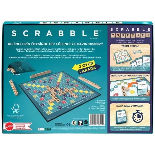 Kutu Oyunları, Mattel, Scrabble Ahşap İkisi Bir Arada Türkçe JLJ64
