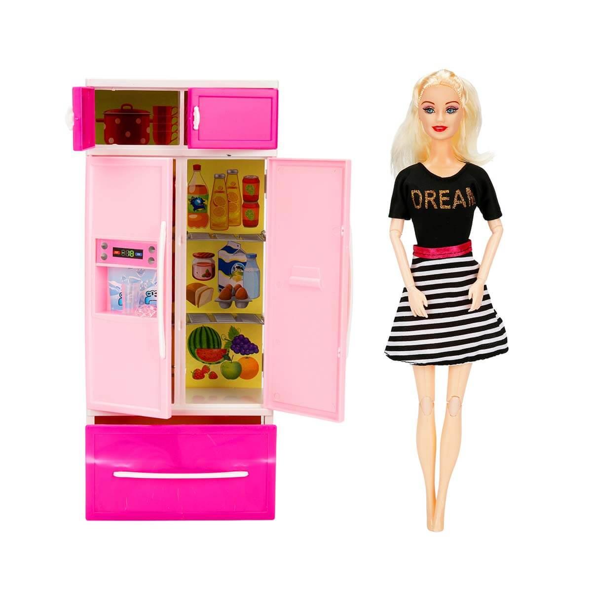 Manken Bebekler, Sunman, Alisha Mutfak Seti 37096 Sarışın Alisha Siyah Elbise Buzdolabı