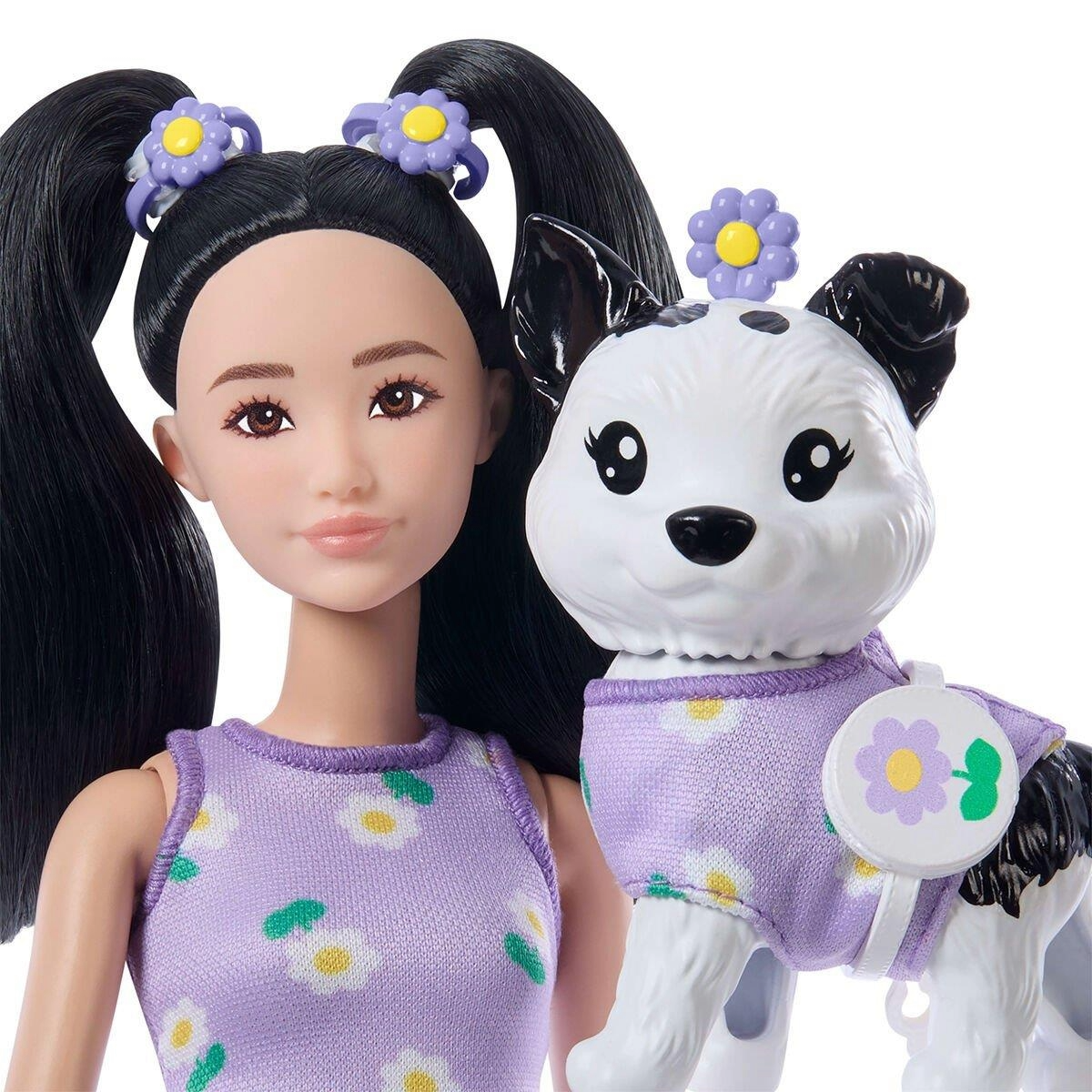 Manken Bebekler, Mattel, Barbie Uyumlu Dostlar Siyah Saçlı Bebek ve Köpekçiği JFP39