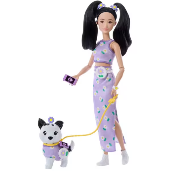 Manken Bebekler, Mattel, Barbie Uyumlu Dostlar Siyah Saçlı Bebek ve Köpekçiği JFP39
