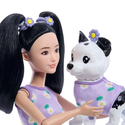 Manken Bebekler, Mattel, Barbie Uyumlu Dostlar Siyah Saçlı Bebek ve Köpekçiği JFP39