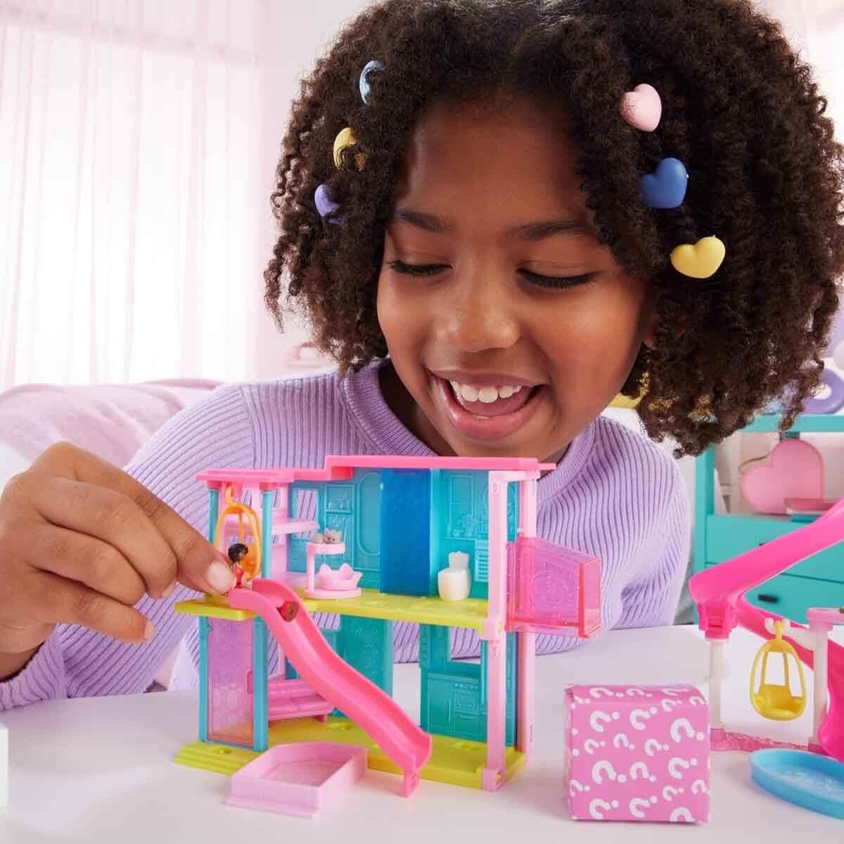 Manken Bebekler, Mattel, Mini Barbieland Evi HYF44 HFY46 Mavi Ev Pembe Kaydırak