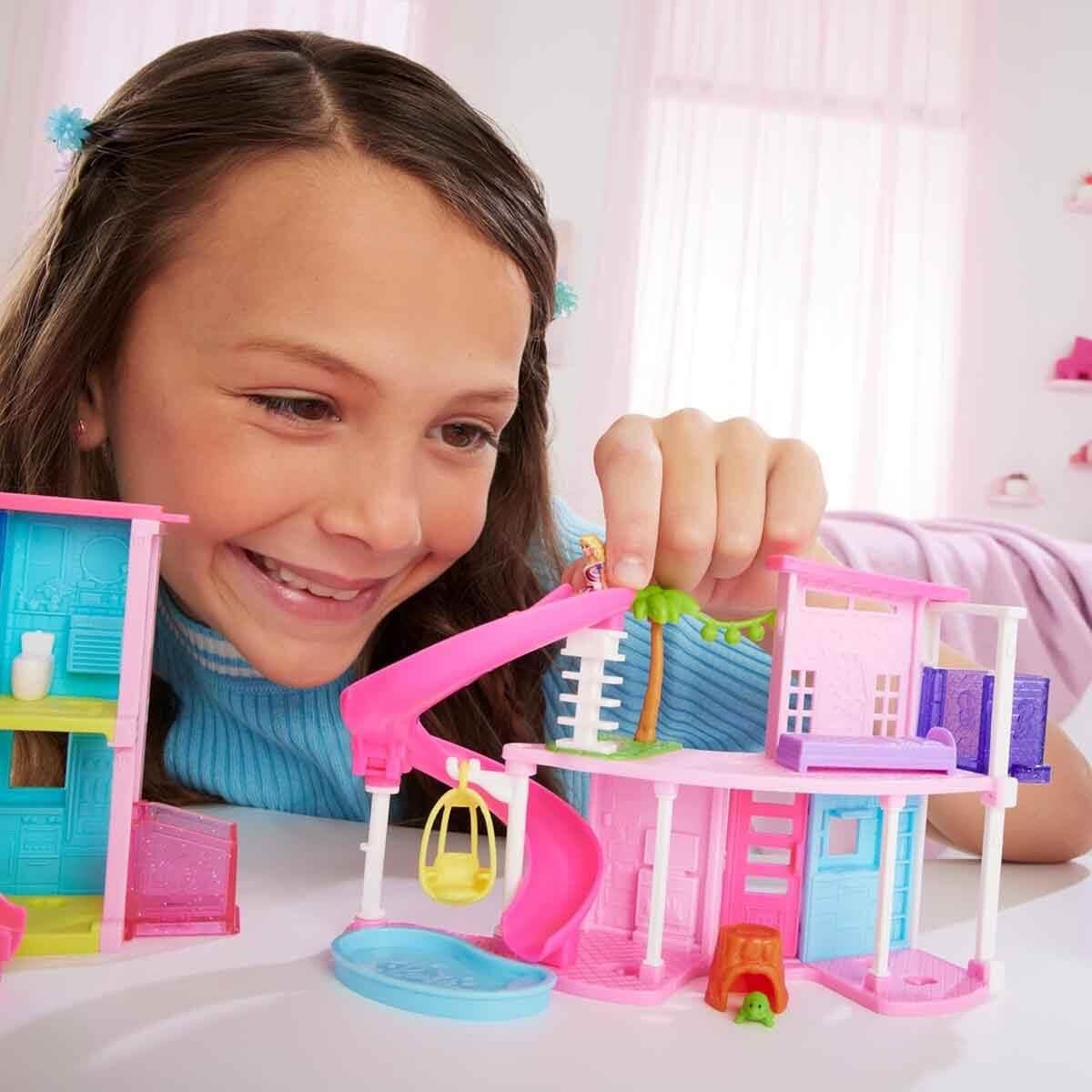 Manken Bebekler, Mattel, Mini Barbieland Evi HYF44 HFY45 Pembe Ev Pembe Kaydırak
