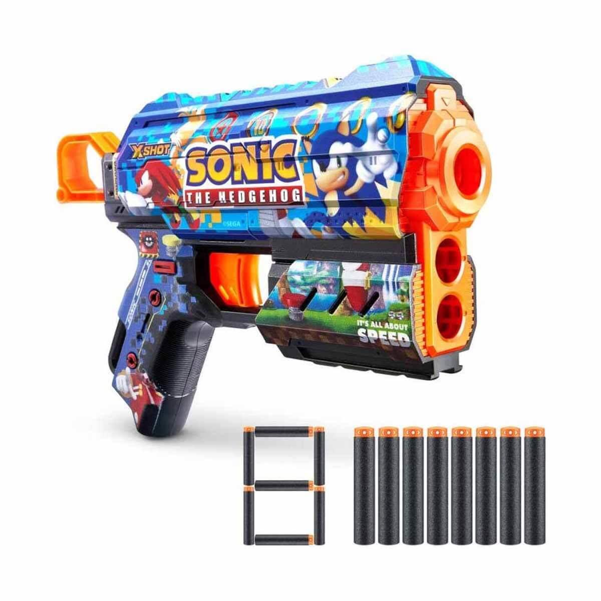 Oyuncak Silahlar, Sunman, X-Shot Skins Flux Sonic The Hedgehog 8 Mermili Sünger Dart Atan Silah 21 cm
