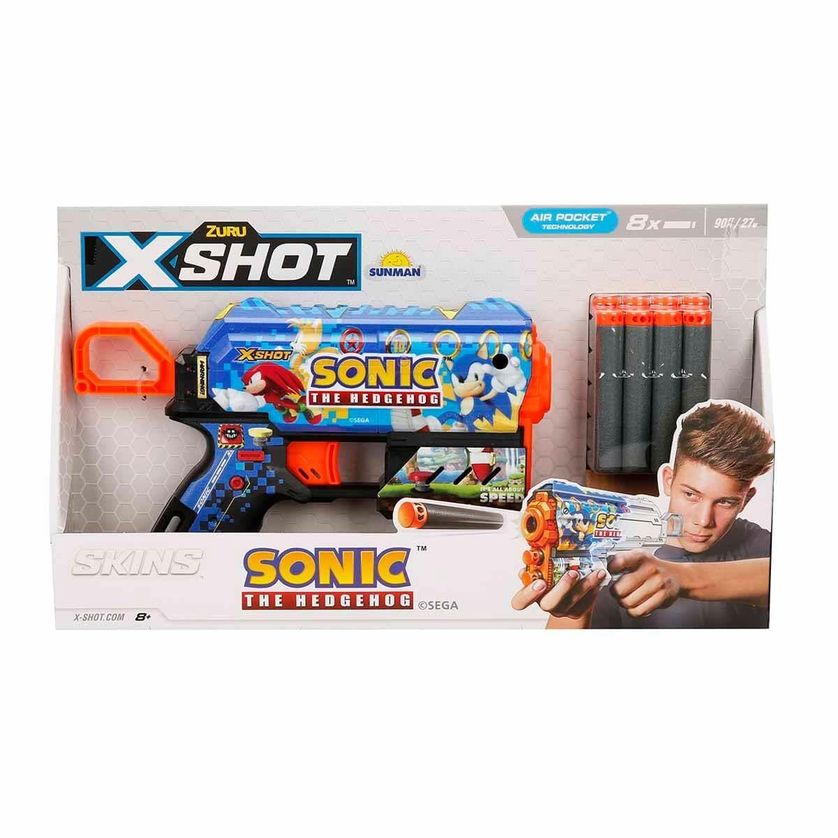 Oyuncak Silahlar, Sunman, X-Shot Skins Flux Sonic The Hedgehog 8 Mermili Sünger Dart Atan Silah 21 cm