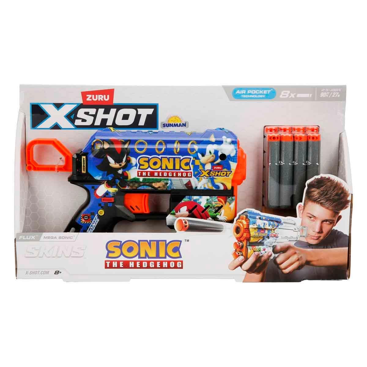 Oyuncak Silahlar, Sunman, X-Shot Skins Flux Sonic The Hedgehog 8 Mermili Sünger Dart Atan Silah 21 cm 57952 Mega Sonic