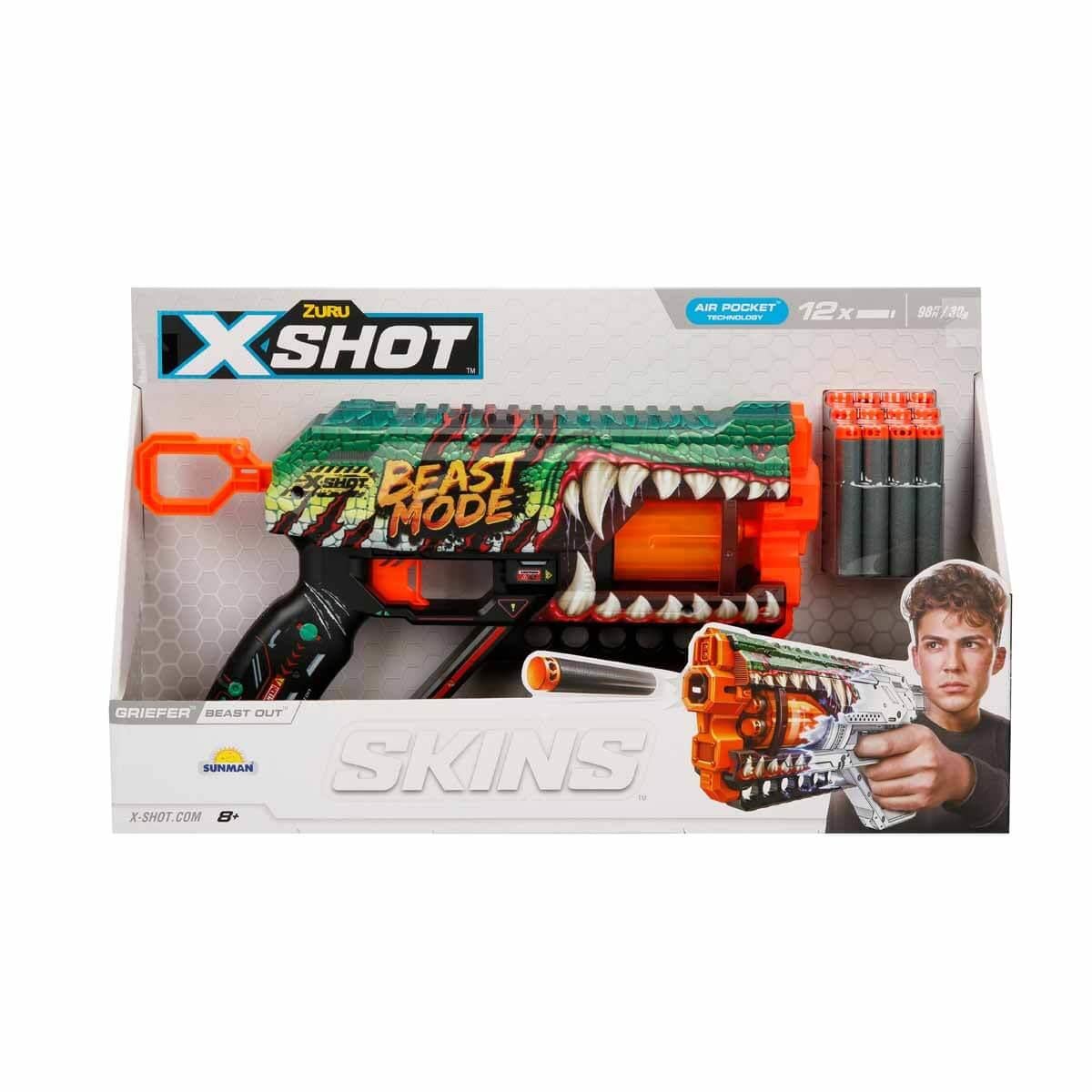 Oyuncak Silahlar, Sunman, X-Shot Skins Griefer 12 Mermili Sünger Dart Atan Silah 32 cm S00036561 Beast Out