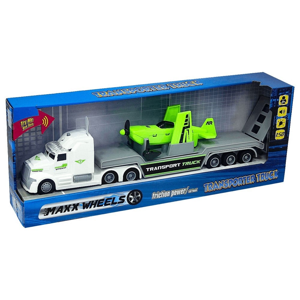 8680863023198, Sesli Işıklı Araçlar, Sunman, 1:50 Maxx Wheels Sesli ve Işıklı Taşıyıcı Tır Beyaz Tır ve Yeşil Uçak