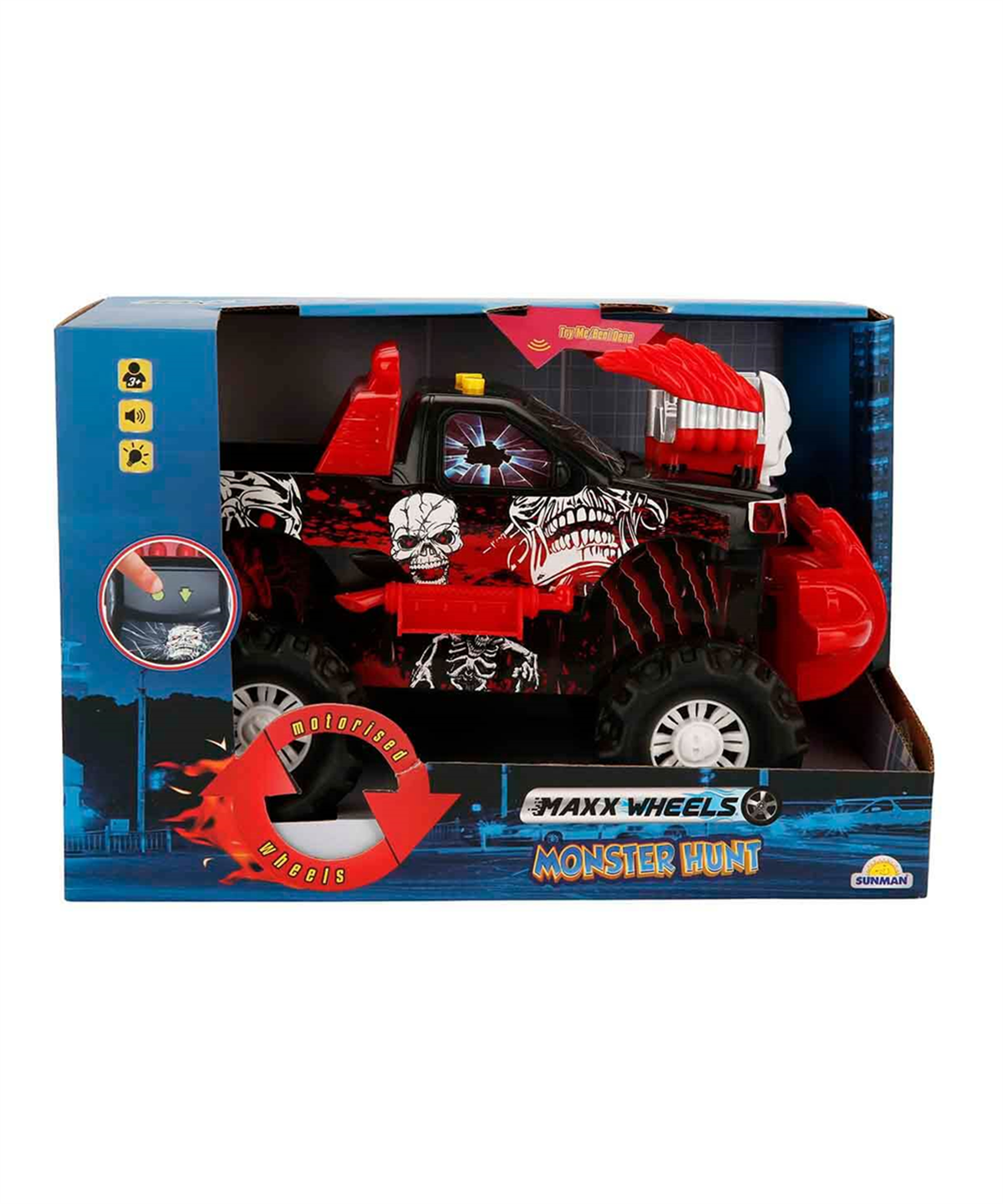 Sesli Işıklı Araçlar, Sunman, Maxx Wheels Monster Hunt Sesli ve Işıklı Motorize Araba 30 cm 29510 Kırmızı
