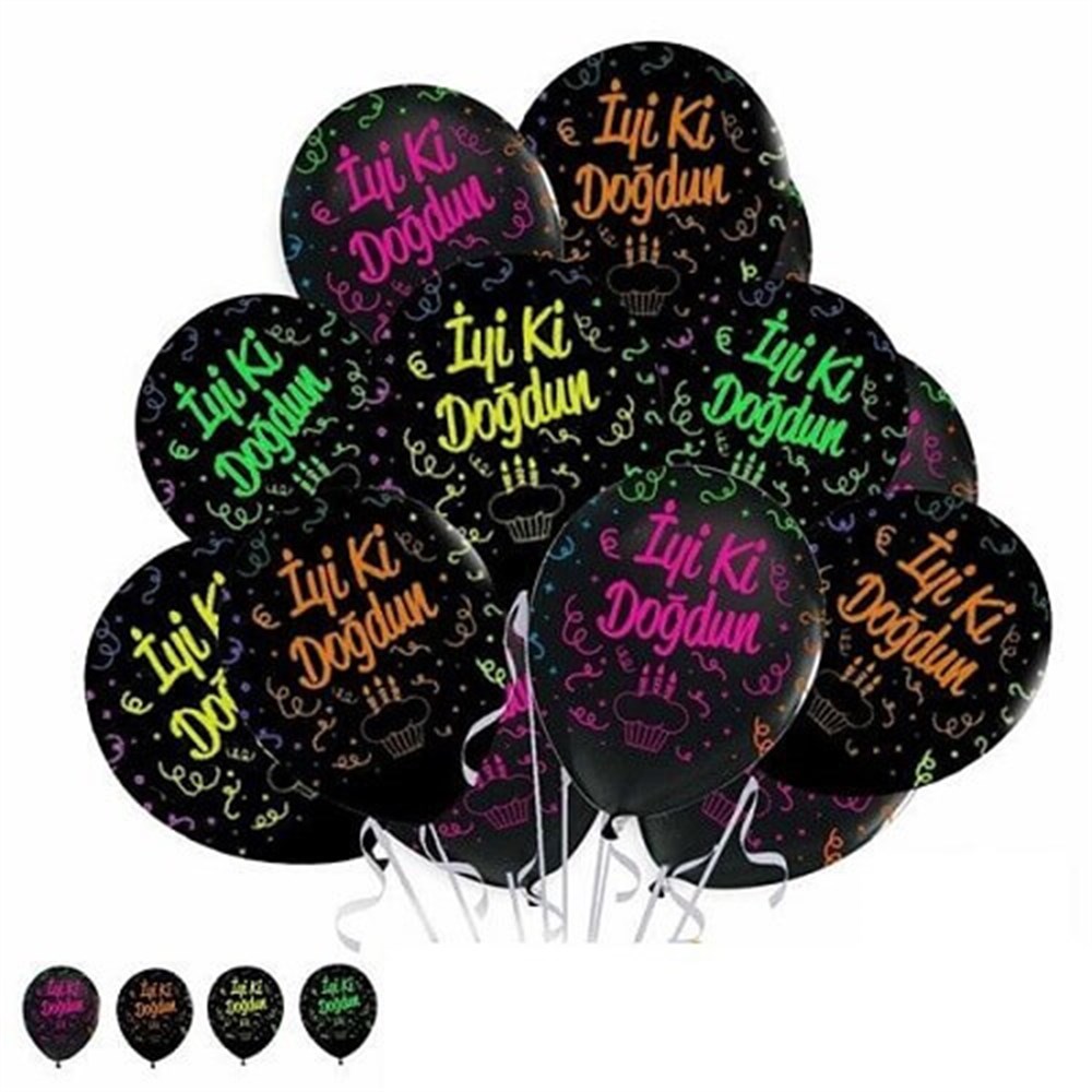 Baskılı Latex Balonlarİyi ki Doğdun Renkli Baskılı Siyah Lateks Balon 10'lu PaketBALONEVİ