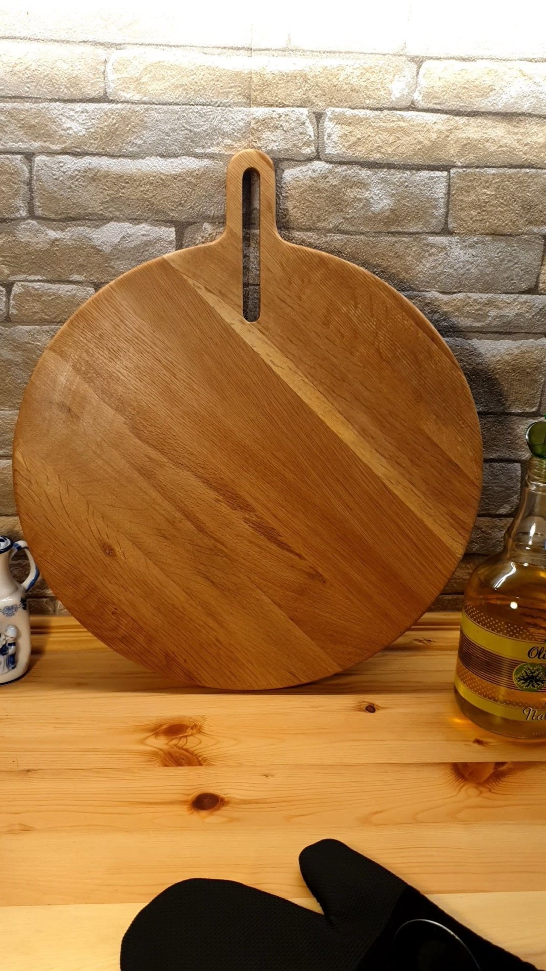 Meşe Ağacı 30 Cm Doğal Ahşap Pizza Peynir Sunum Et Steak Saplı Kesme Tahtası Yuvarlak