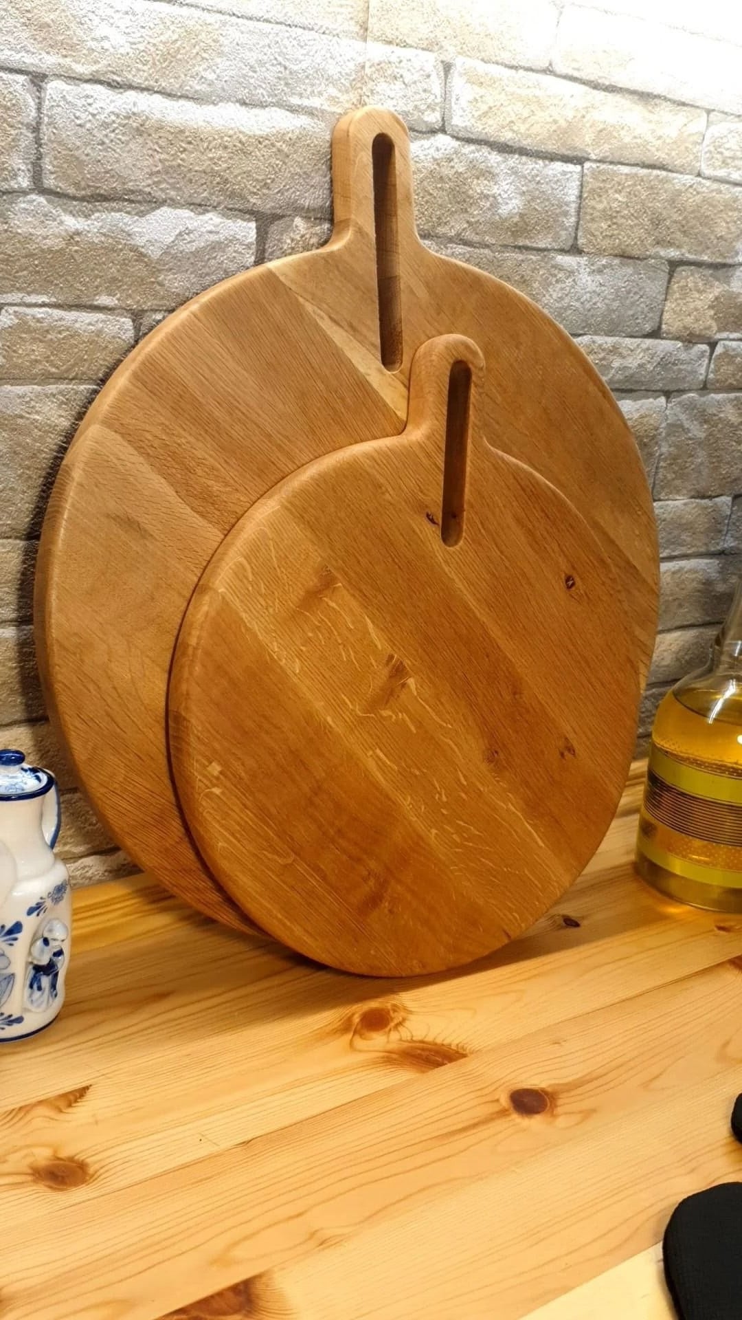 Meşe Ağacı 30 Cm Doğal Ahşap Pizza Peynir Sunum Et Steak Saplı Kesme Tahtası Yuvarlak
