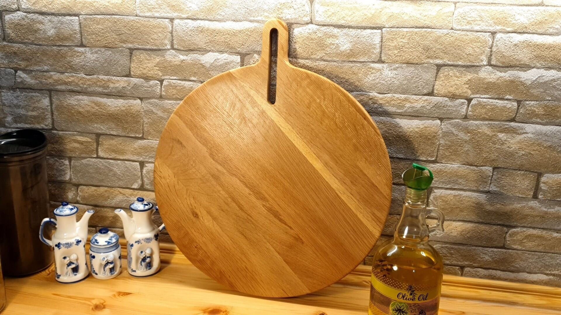Meşe Ağacı 35 Cm Doğal Ahşap Pizza Peynir Sunum Et Steak Saplı Kesme Tahtası Yuvarlak