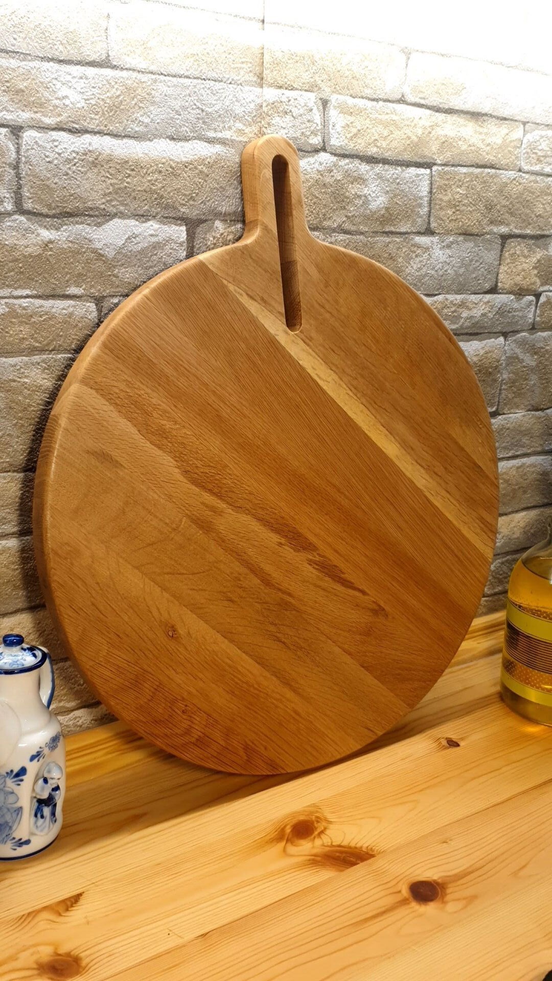 Meşe Ağacı 35 Cm Doğal Ahşap Pizza Peynir Sunum Et Steak Saplı Kesme Tahtası Yuvarlak