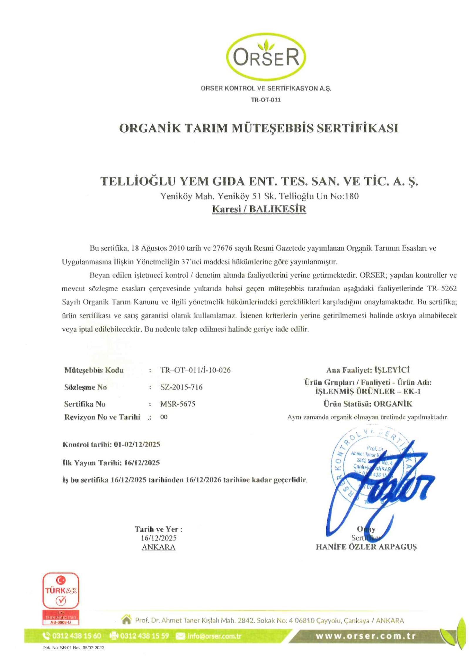 Tellioğlu Organik Tam Buğday Unu 1 Kg
