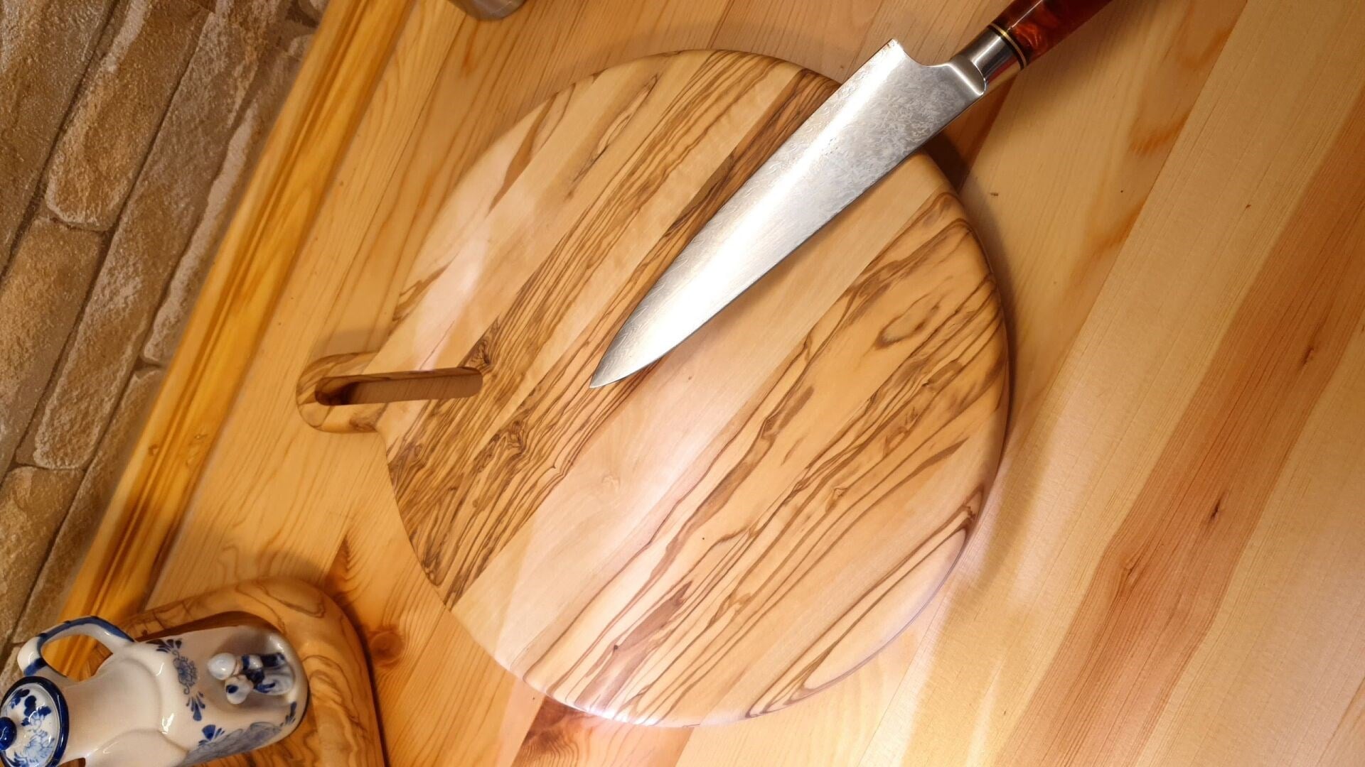 Zeytin Ağacı 30 Cm Doğal Ahşap Pizza Peynir Sunum Et Steak Saplı Yuvarlak Kesme Tahtası