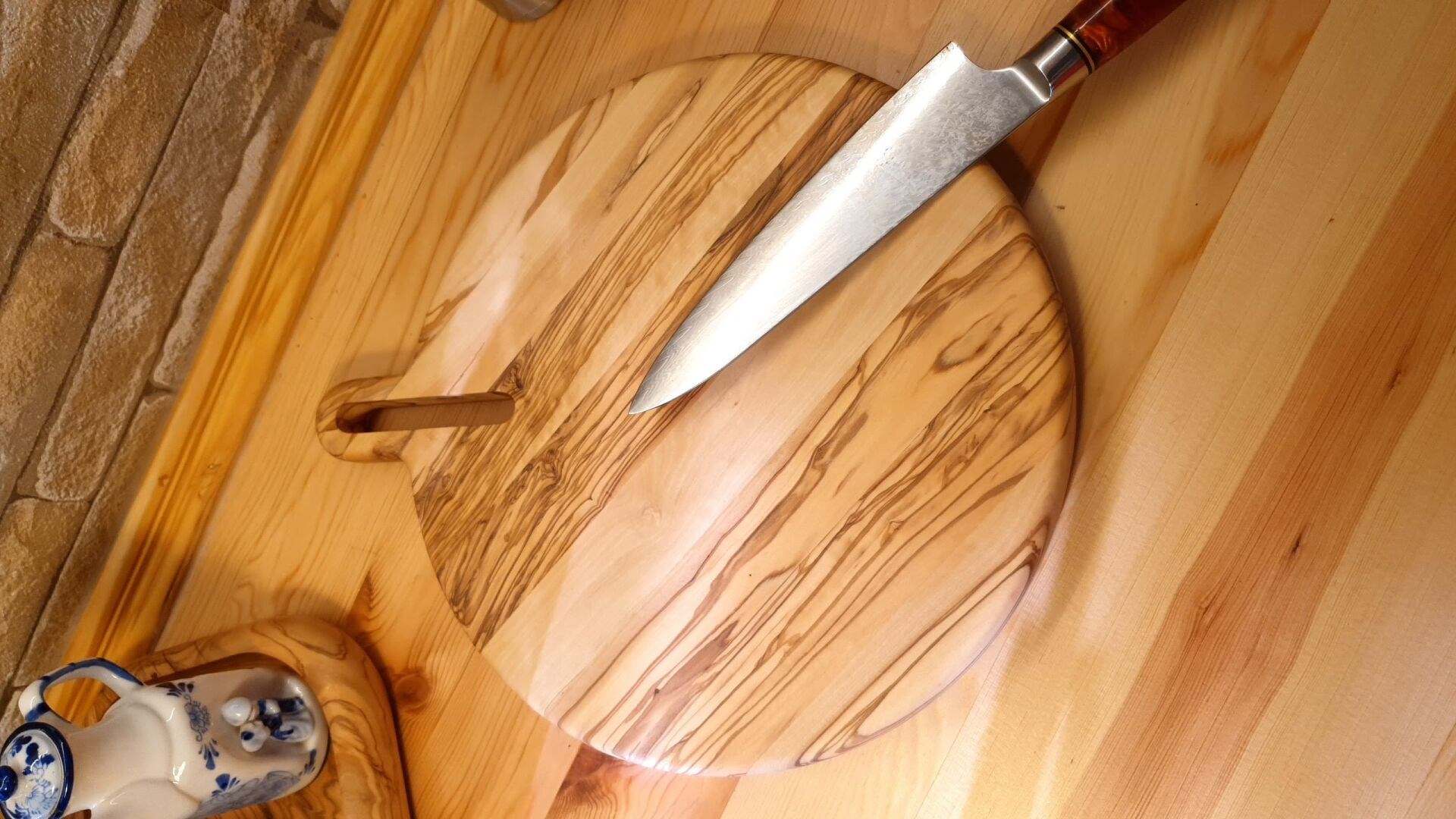Zeytin Ağacı 40 Cm Doğal Ahşap Pizza Peynir Sunum Et Steak Saplı Kesme Tahtası Yuvarlak