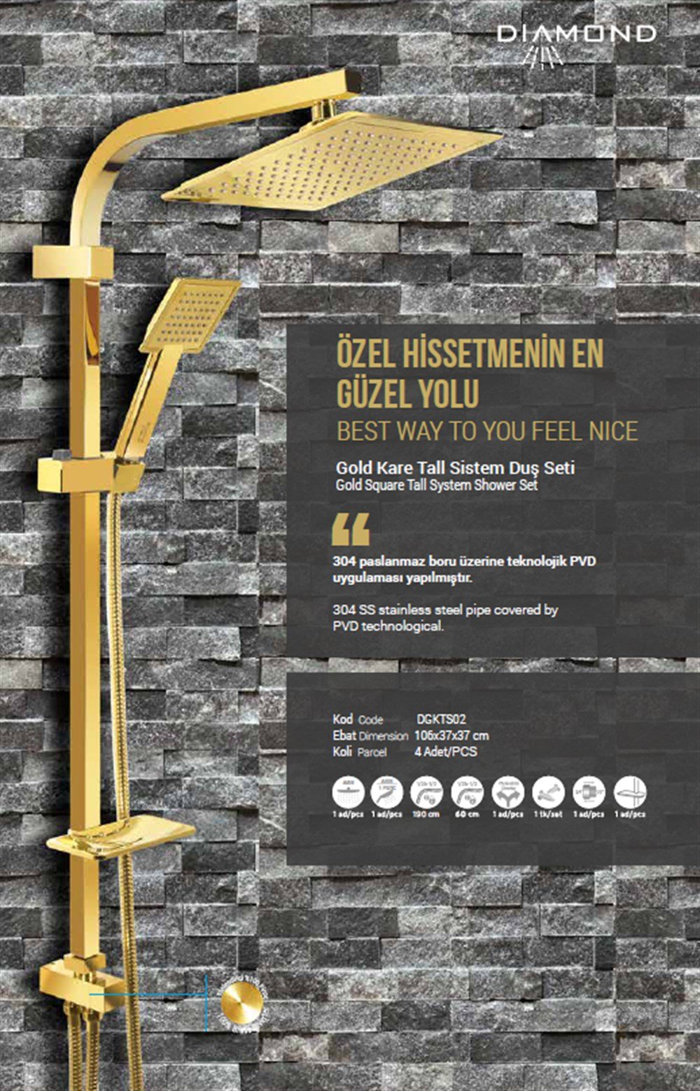 DİAMOND GOLD KARE TALL SİSTEM DUŞ SETİ