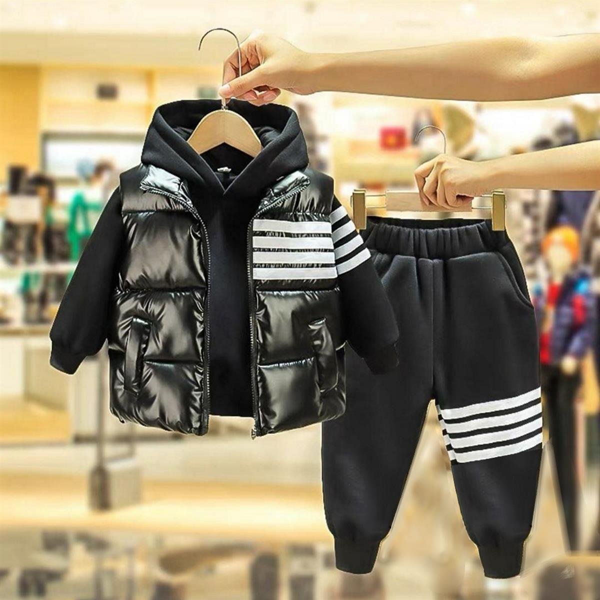 Çocuk Siyah Şişme Yelekli 3'lü Eşofman Takımı -Kız Çocuk Alt Üst Takım-Kız Çocuk Hardal Ekose 3'lü Takım | QuzucukKids.com-QuzucukKids.com