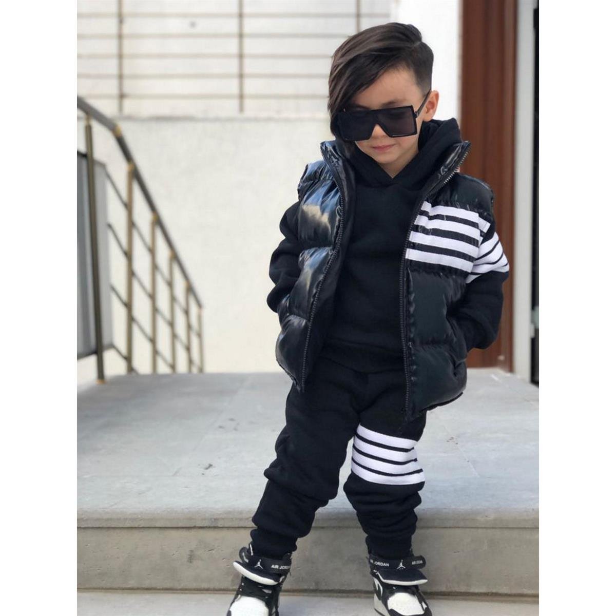 Çocuk Siyah Şişme Yelekli 3'lü Eşofman Takımı -Kız Çocuk Alt Üst Takım-Kız Çocuk Hardal Ekose 3'lü Takım | QuzucukKids.com-QuzucukKids.com