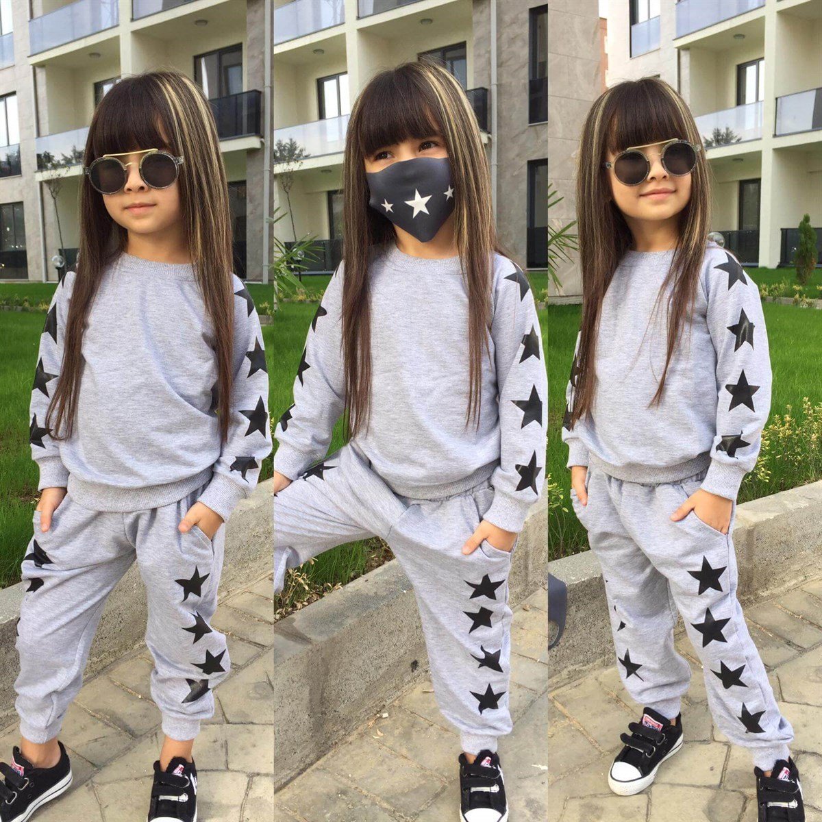 Çocuk Yıldız Figürlü Maskeli Gri Eşofman Takımı-Erkek Çocuk Alt Üst Takım-QuzucukKids.com