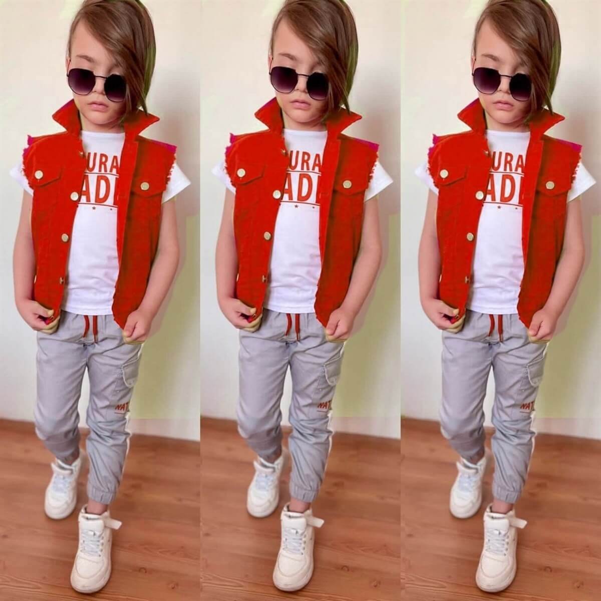 Erkek Çocuk Denim Yelekli Kırmızı Takım-Erkek Çocuk Alt Üst Takım-QuzucukKids.com