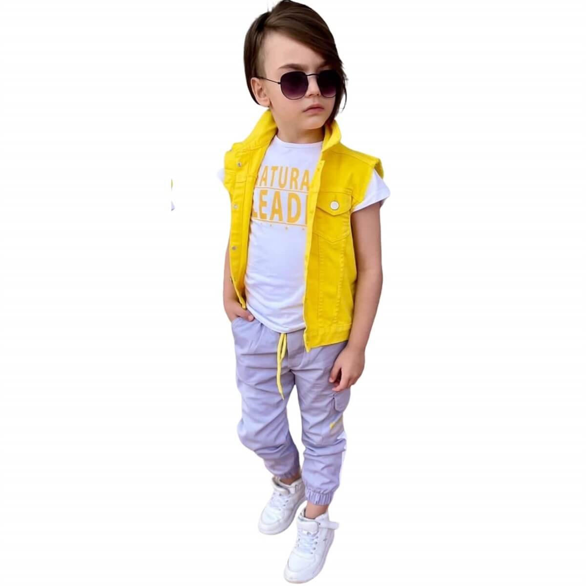 Erkek Çocuk Denim Yelekli Sarı Takım-Erkek Çocuk Alt Üst Takım-QuzucukKids.com