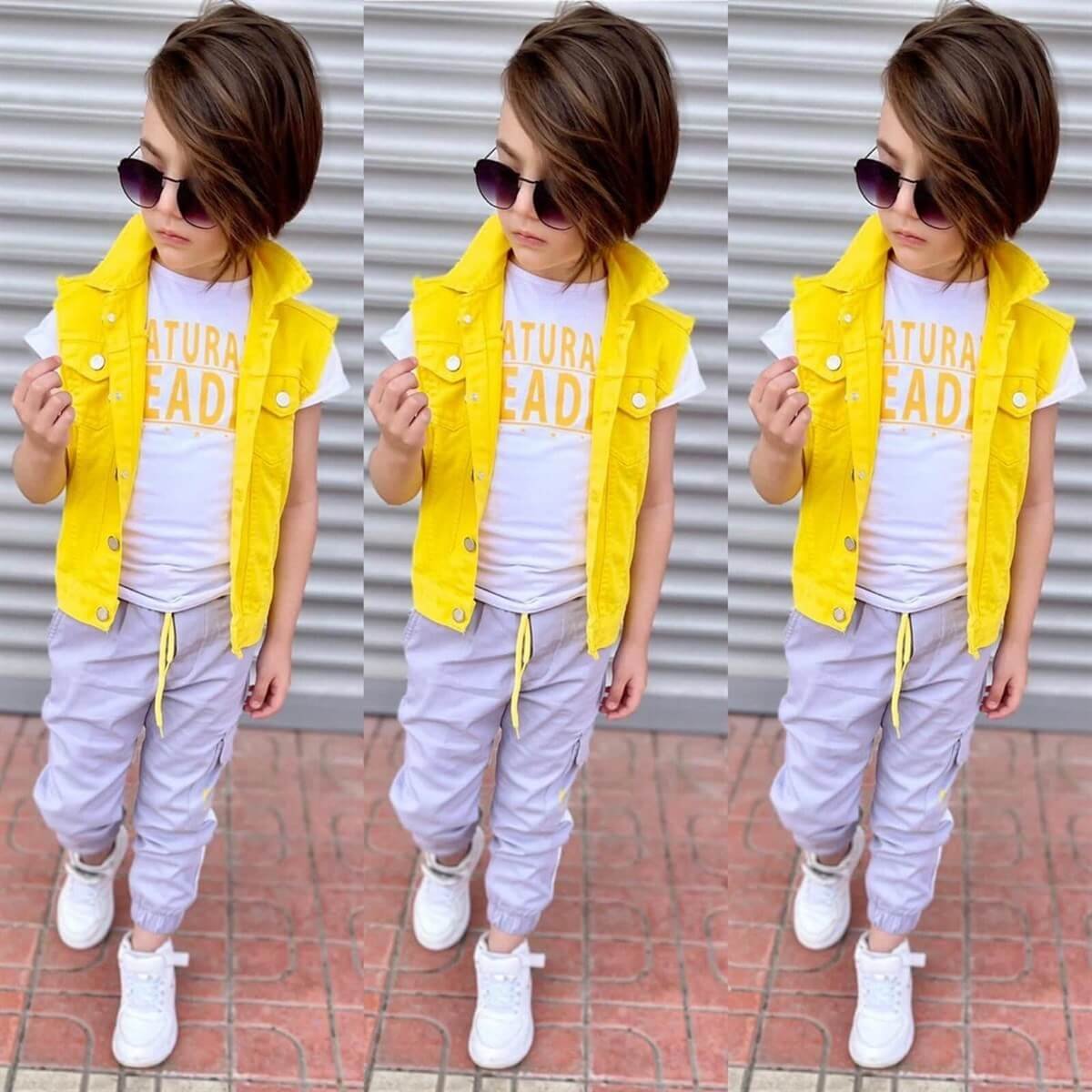Erkek Çocuk Denim Yelekli Sarı Takım-Erkek Çocuk Alt Üst Takım-QuzucukKids.com