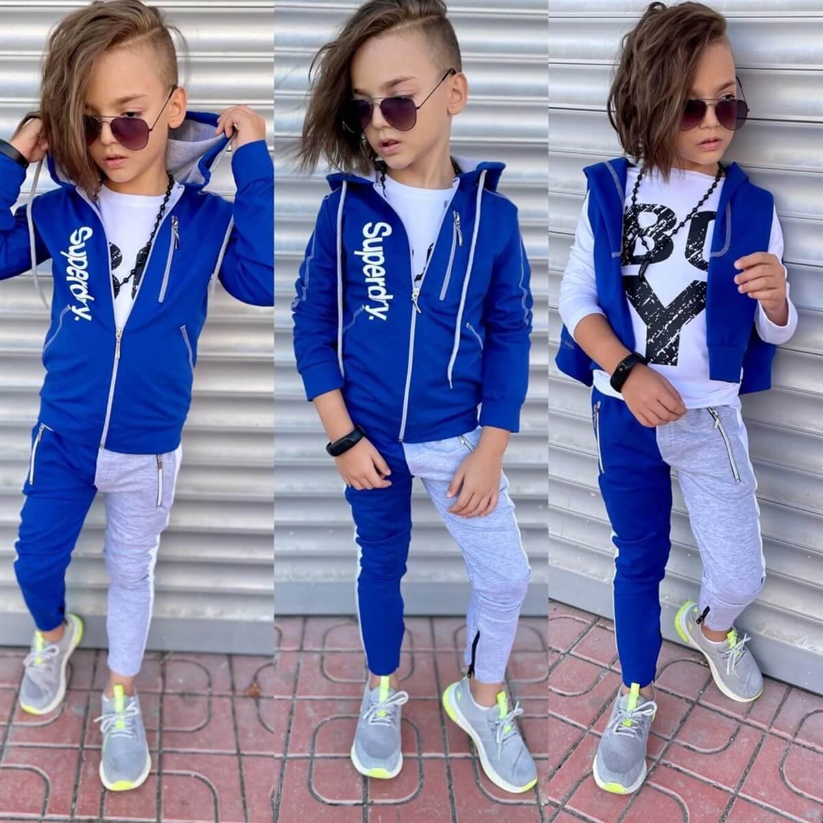 Erkek Çocuk Fermuarlı Spor Günlük Mavi Takım-Erkek Çocuk Alt Üst Takım-QuzucukKids.com