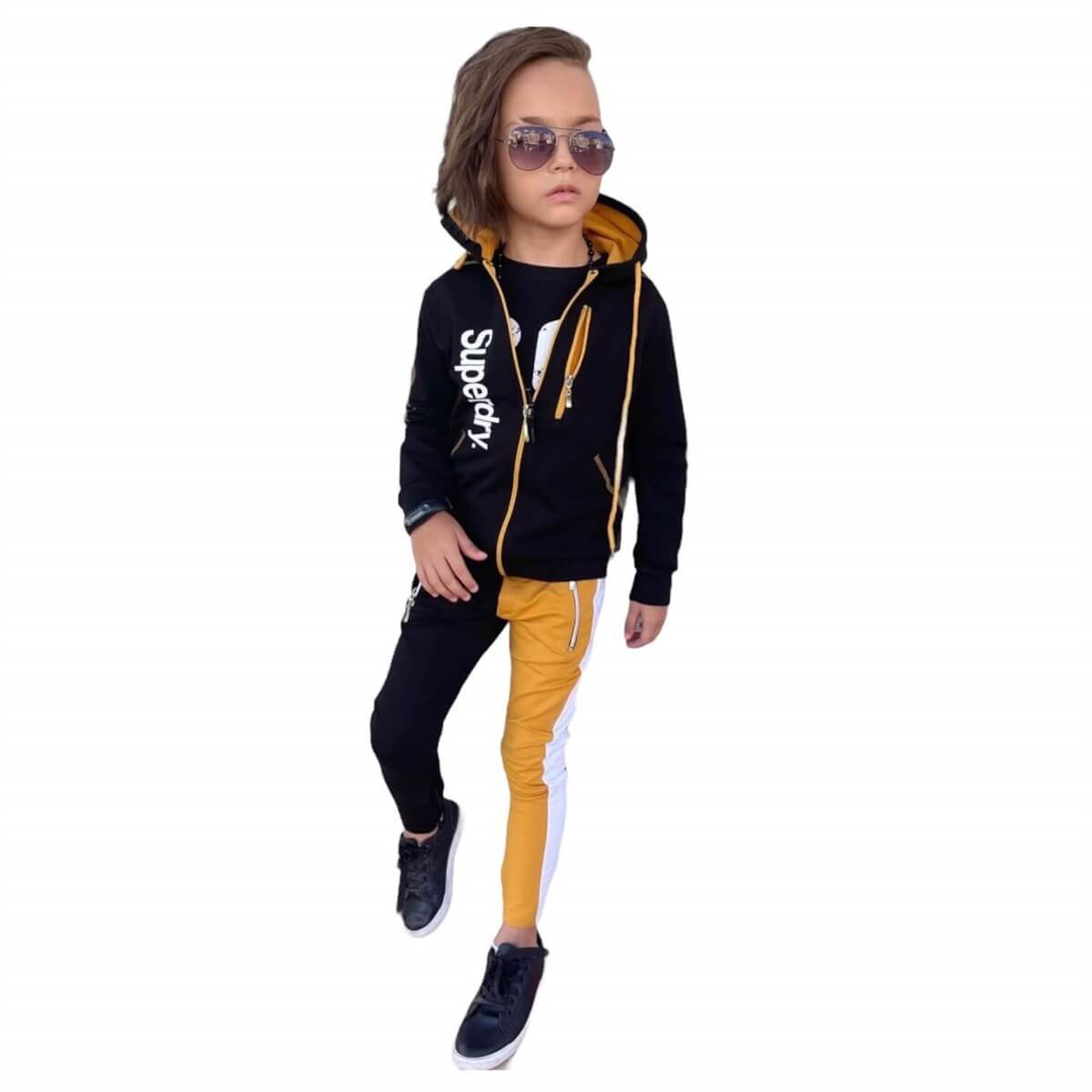 Erkek Çocuk Fermuarlı Spor Günlük Sarı Takım-Erkek Çocuk Alt Üst Takım-QuzucukKids.com