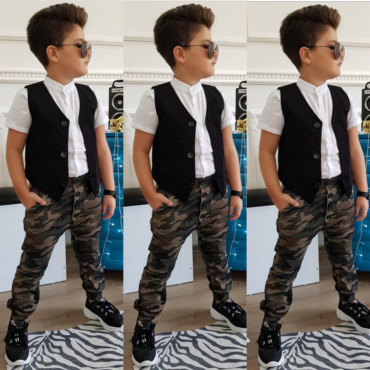 Erkek Çocuk Haki Yakalı Kamuflaj Takım-Erkek Çocuk Alt Üst Takım-QuzucukKids.com