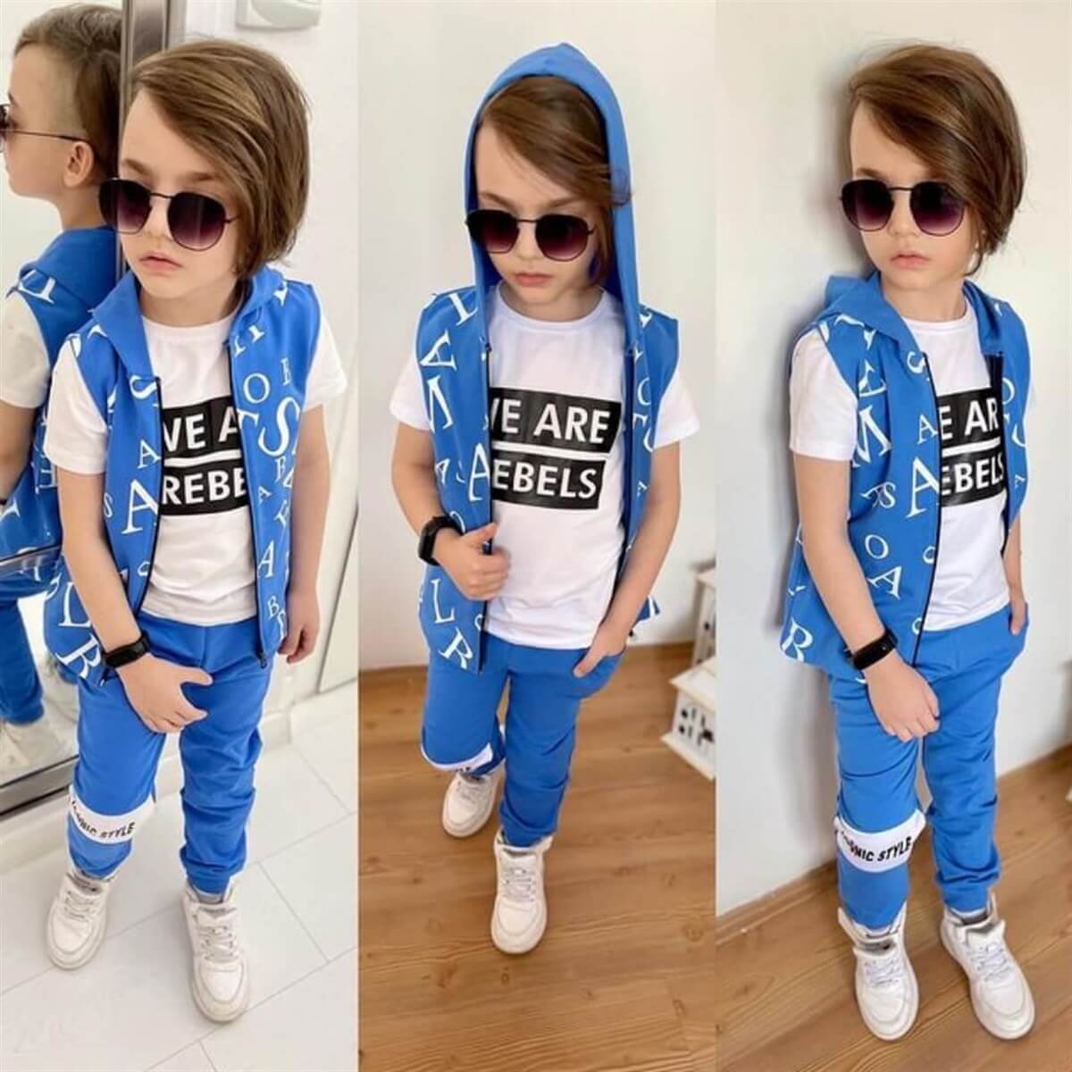 Erkek Çocuk Harfler Baskılı Yelekli Takım-Erkek Çocuk Alt Üst Takım-QuzucukKids.com