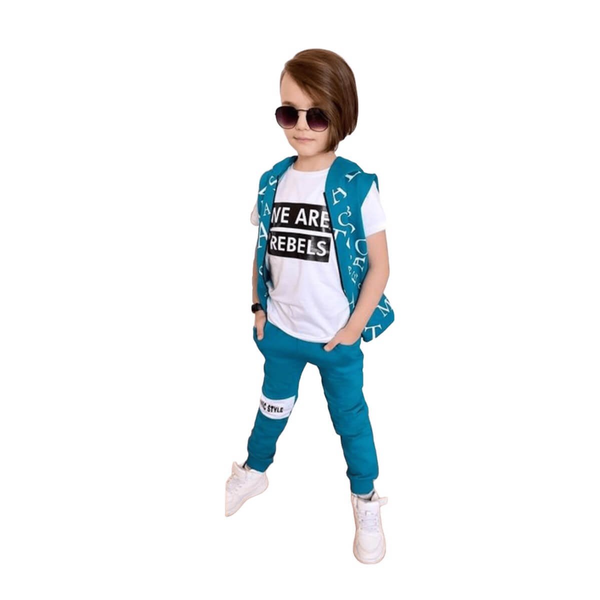 Erkek Çocuk Harfler Baskılı Yelekli Takım-Erkek Çocuk Alt Üst Takım-QuzucukKids.com