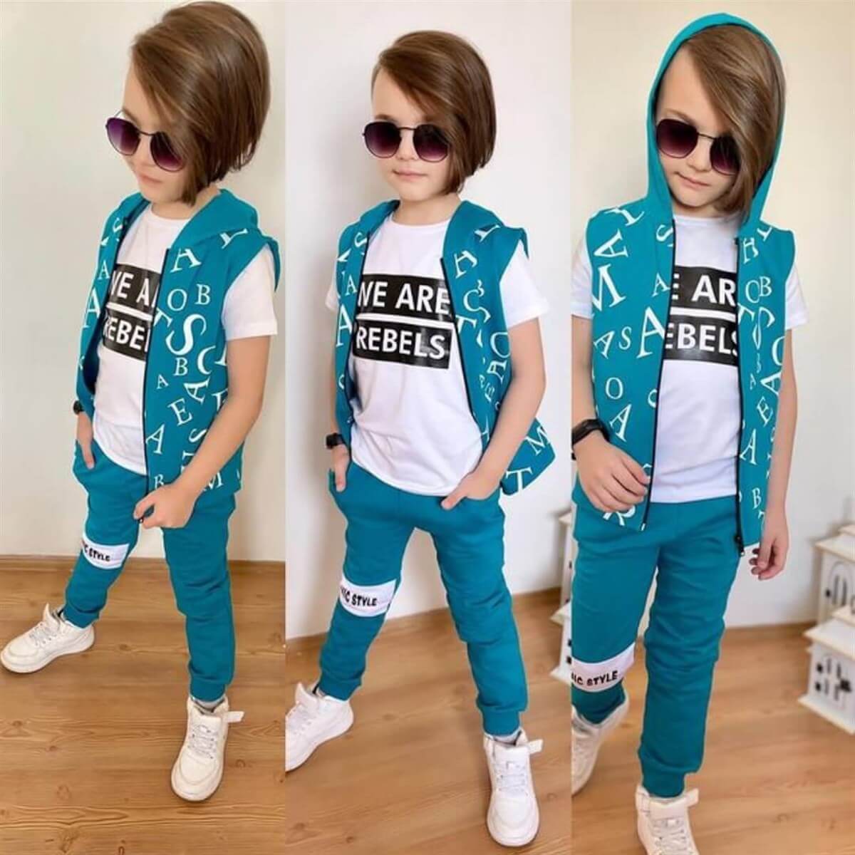 Erkek Çocuk Harfler Baskılı Yelekli Takım-Erkek Çocuk Alt Üst Takım-QuzucukKids.com