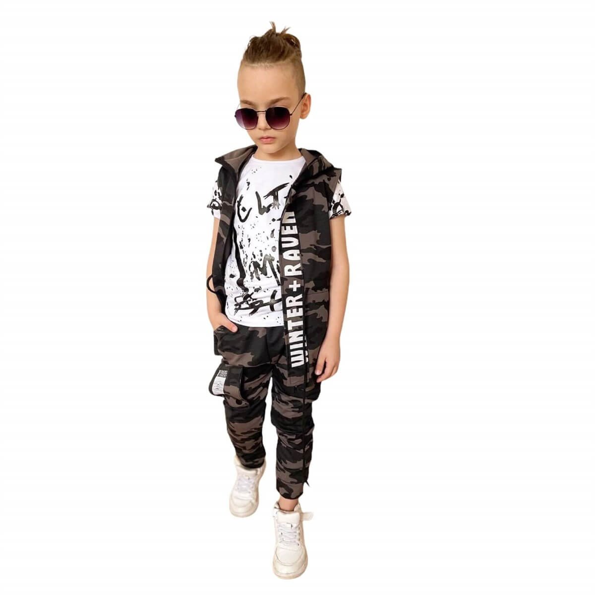 Erkek Çocuk Kamuflaj Yelekli Gri Takım-Erkek Çocuk Alt Üst Takım-QuzucukKids.com