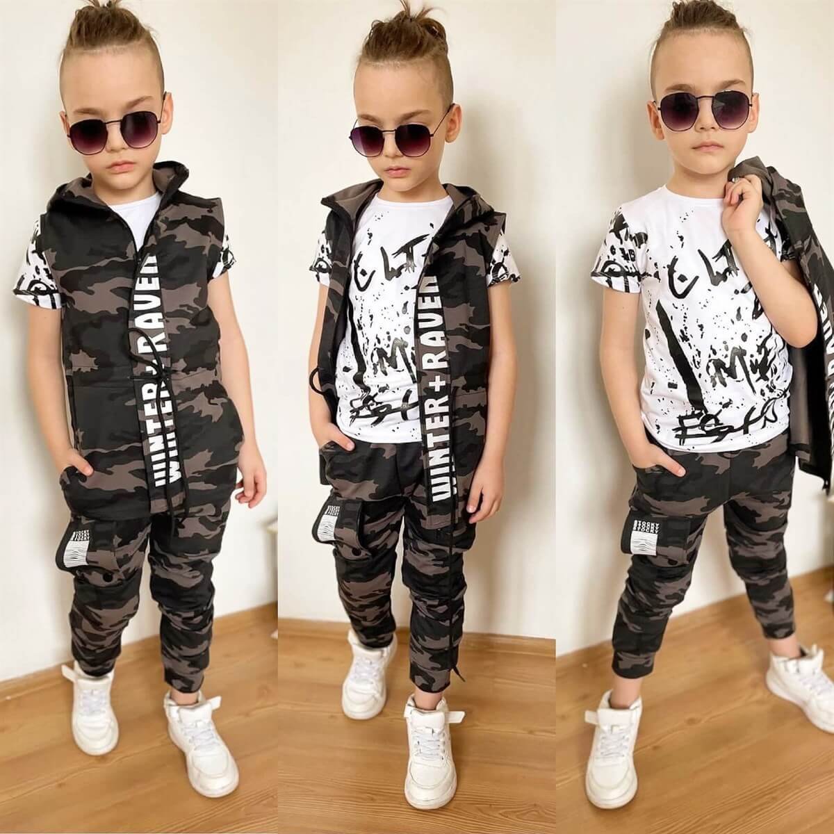 Erkek Çocuk Kamuflaj Yelekli Gri Takım-Erkek Çocuk Alt Üst Takım-QuzucukKids.com