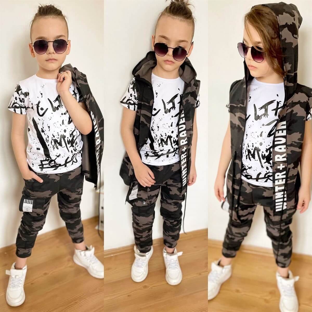 Erkek Çocuk Kamuflaj Yelekli Gri Takım-Erkek Çocuk Alt Üst Takım-QuzucukKids.com