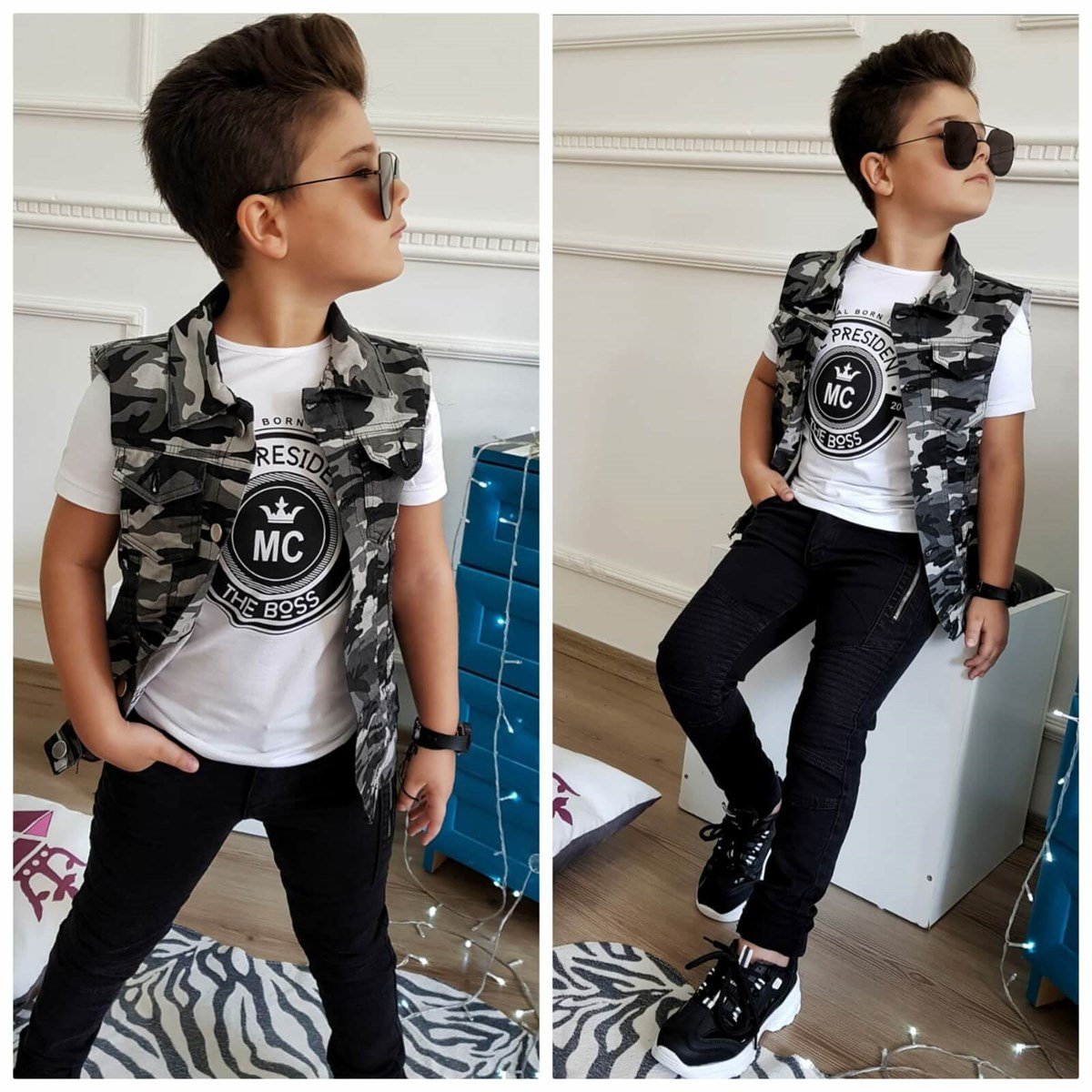 Erkek Çocuk Kaprili Yelekli Kamuflaj Takım-Erkek Çocuk Alt Üst Takım-QuzucukKids.com