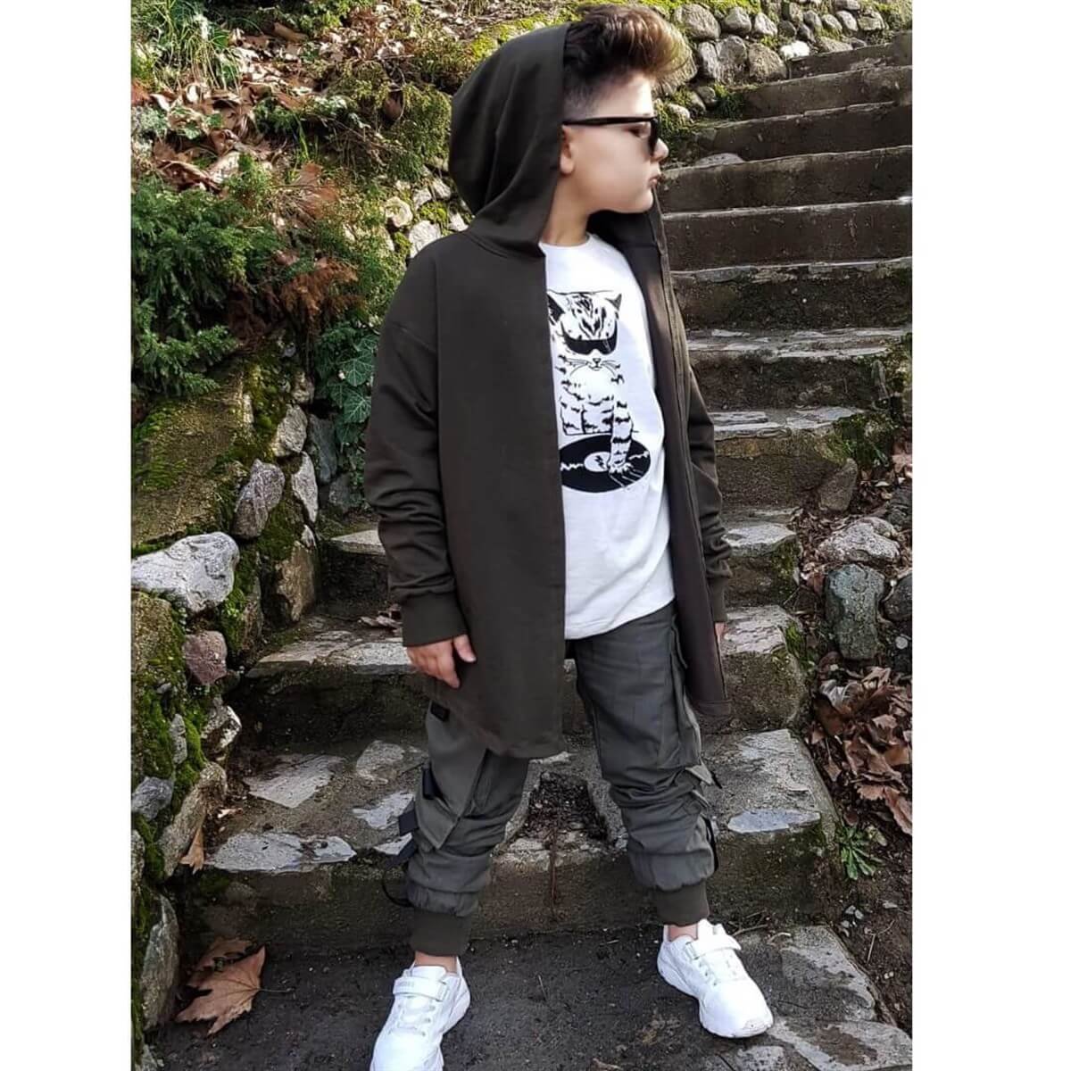 Erkek Çocuk Kedi Figürlü Kargo Pantalonlu Takım-Erkek Çocuk Alt Üst Takım-QuzucukKids.com