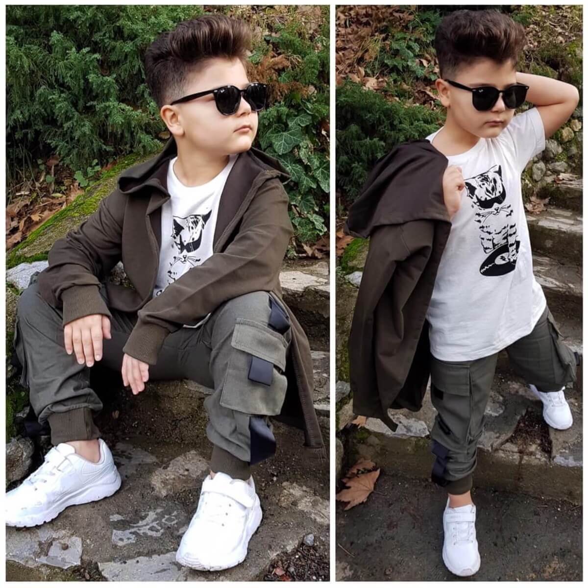 Erkek Çocuk Kedi Figürlü Kargo Pantalonlu Takım-Erkek Çocuk Alt Üst Takım-QuzucukKids.com